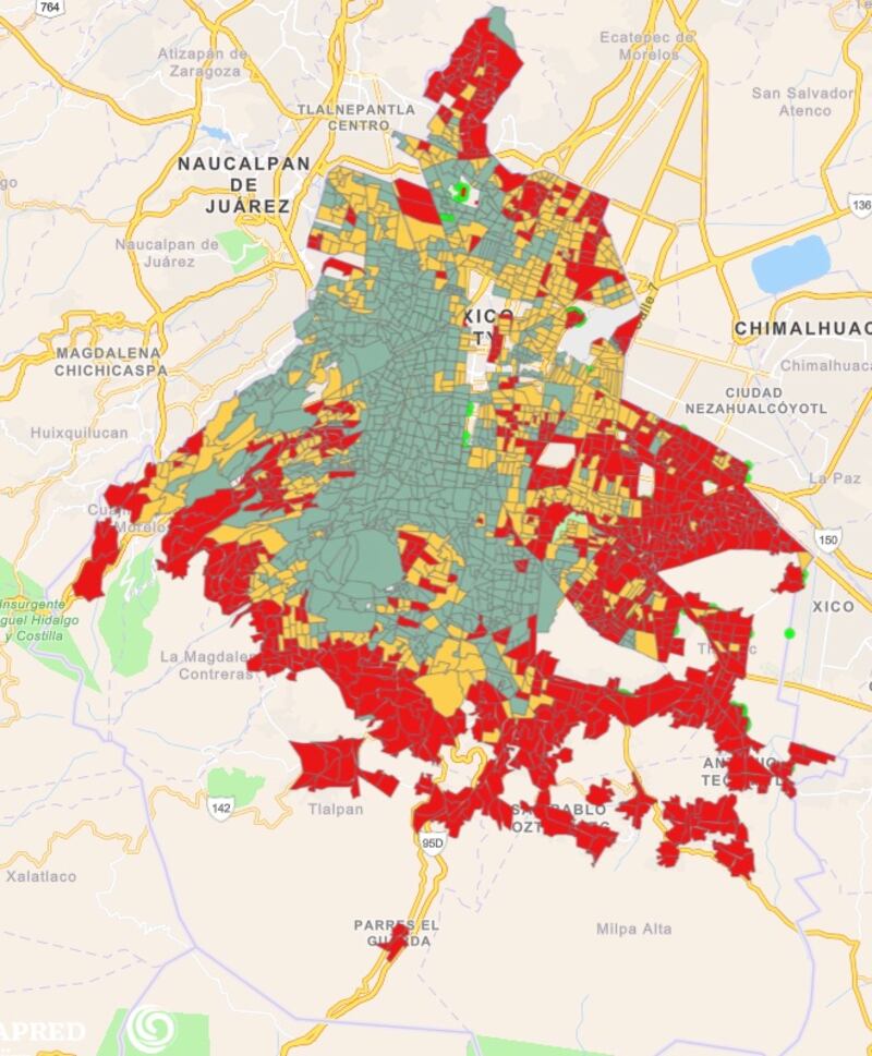 En rojo se señalan las zonas con mayor peligro de hundimiento y fractura del suelo en la CDMX.