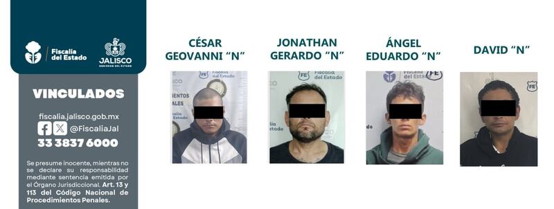 La FE vincula a proceso a cuatro hombres por robos en el AMG; los asaltos se realizaron en Zapopan, Tonalá y Guadalajara. ESPECIAL/ FISCALÍA DEL ESTADO DE JALISCO