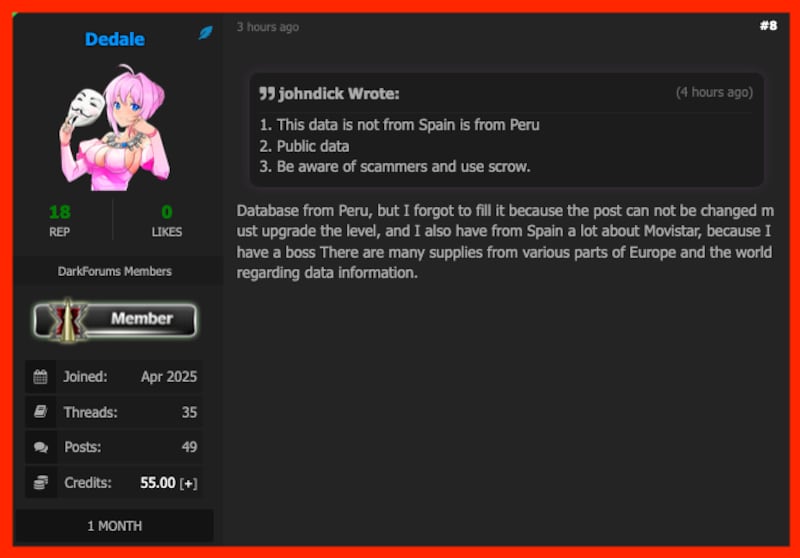 Usuarios del foro DarkForums acusaron a Dedale de vender información pública y falsear la ubicación de origen de los datos.