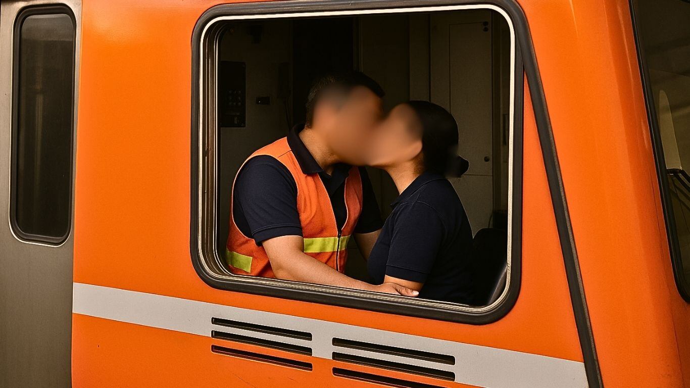 Trabajadores del Metro en pleno beso
