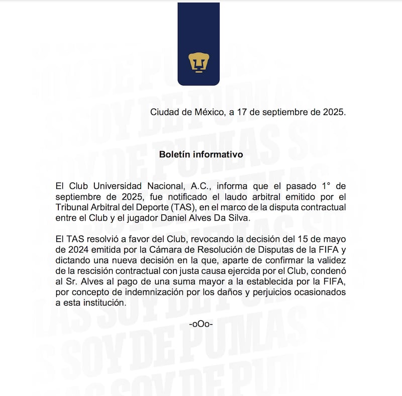 Pumas ganó demanda contra Dani Alves.