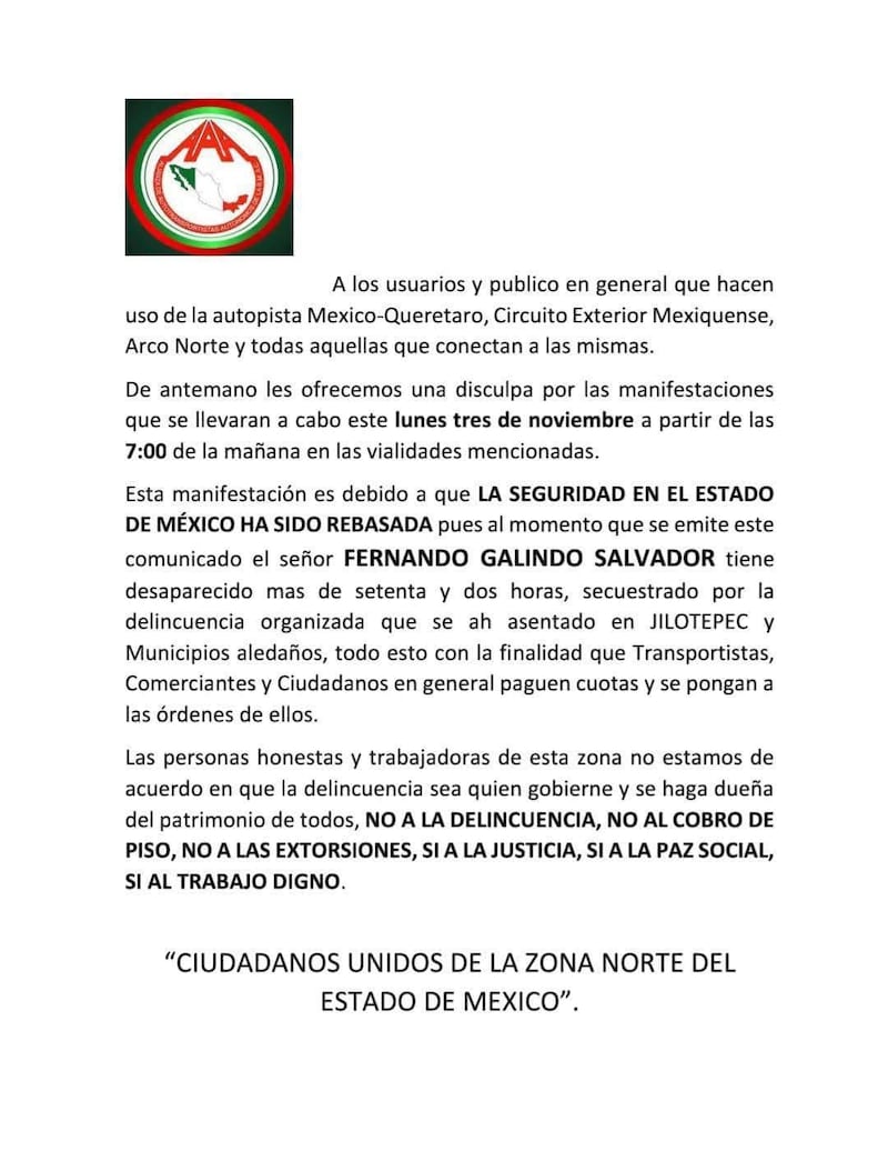 Comunicado Alianza e Transportistas