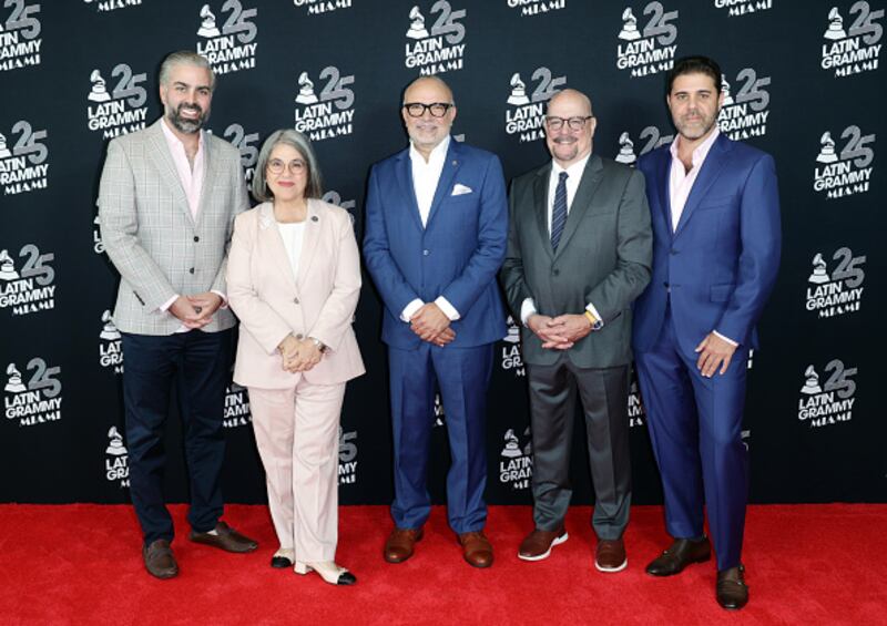 Miami-Dade County Commission Vice Chairman Anthony Rodriguez, Miami-Dade County Mayor Daniella Levine Cava, Manuel Abud, CEO of The Latin Recording Academy, David Whitaker, President and CEO, Greater Miami Convention & Visitors Bureau (GMCVB) and Ignacio Meyer, President of Univision Television Networks Group