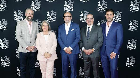 Miami-Dade County Commission Vice Chairman Anthony Rodriguez, Miami-Dade County Mayor Daniella Levine Cava, Manuel Abud, CEO of The Latin Recording Academy, David Whitaker, President and CEO, Greater Miami Convention & Visitors Bureau (GMCVB) and Ignacio Meyer, President of Univision Television Networks Group
