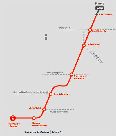 Esquema del recorrido de la Línea 4 a Tlajomulco.