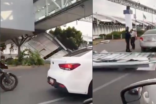 VIDEO: Así cayó una estructura metálica en el AICM; una automovilista resultó afectada
