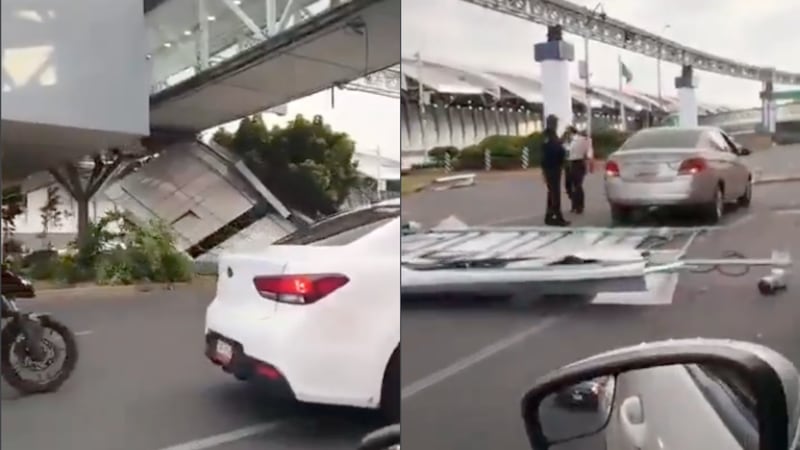 VIDEO: Así cayó una estructura metálica en el AICM; una automovilista resultó afectada