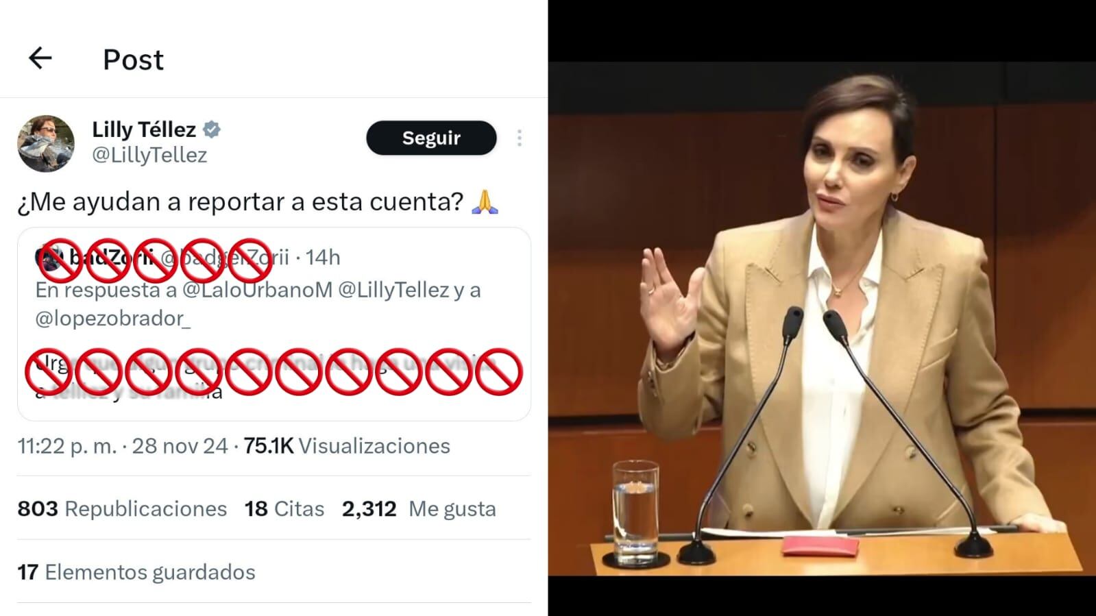 Amenazan de muerte a senadora Lilly Téllez