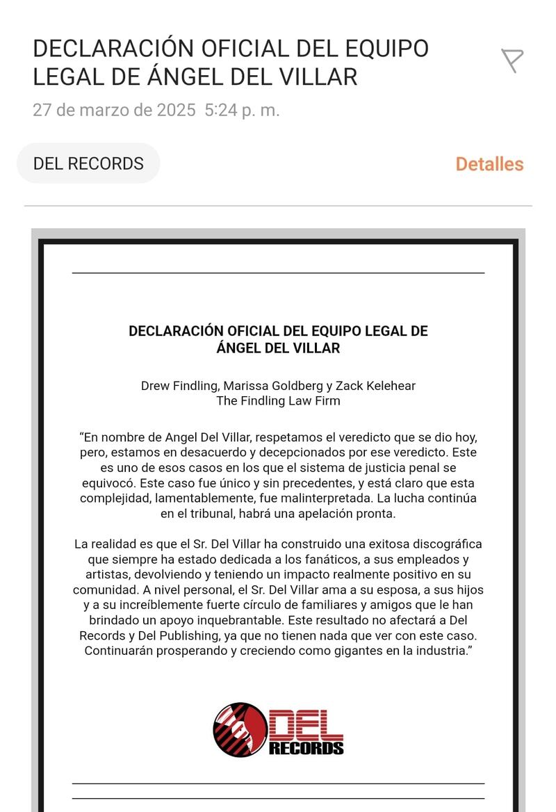 Declaración del equipo legal de Ángel del Villar