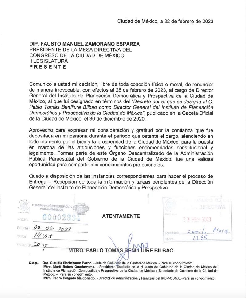 Renuncia de Pablo Benlliure.