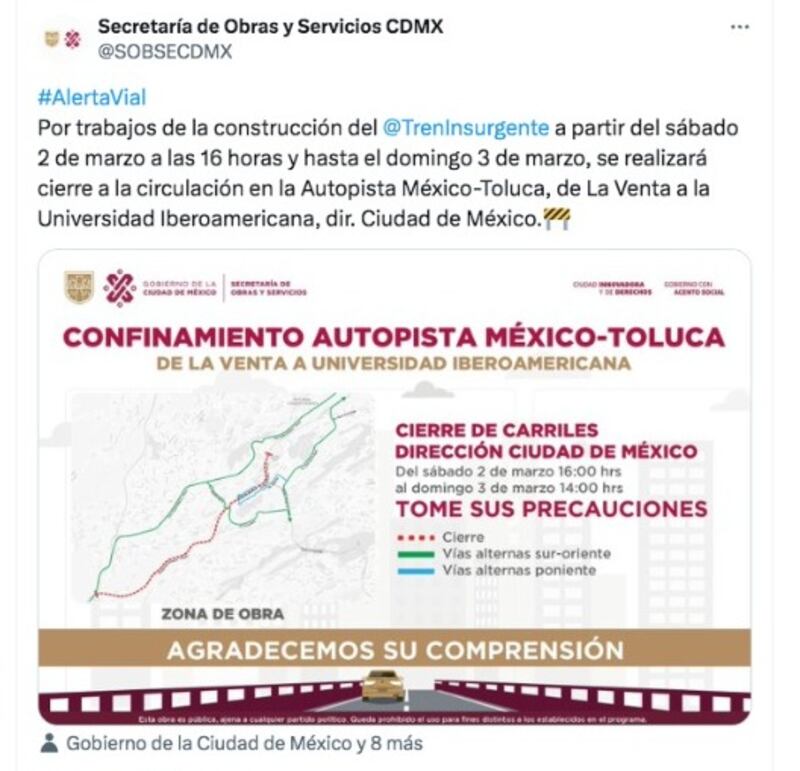 Primer cierre carriles laterales de Autopista México-Toluca