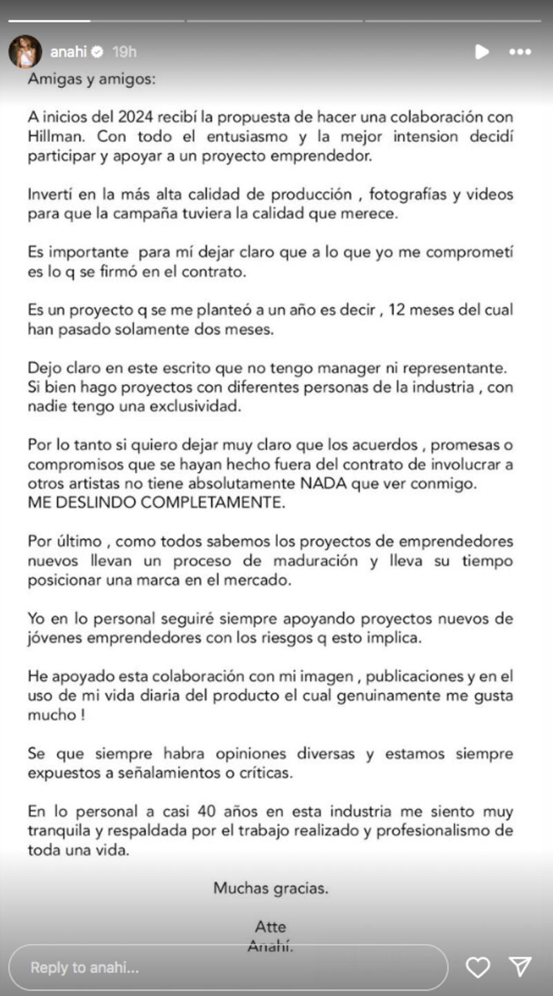 Comunicado de Anahí en Instagram