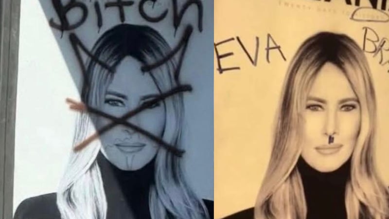 Manifestantes pintan y destruyen publicidad de Melania por el estreno de su nueva película