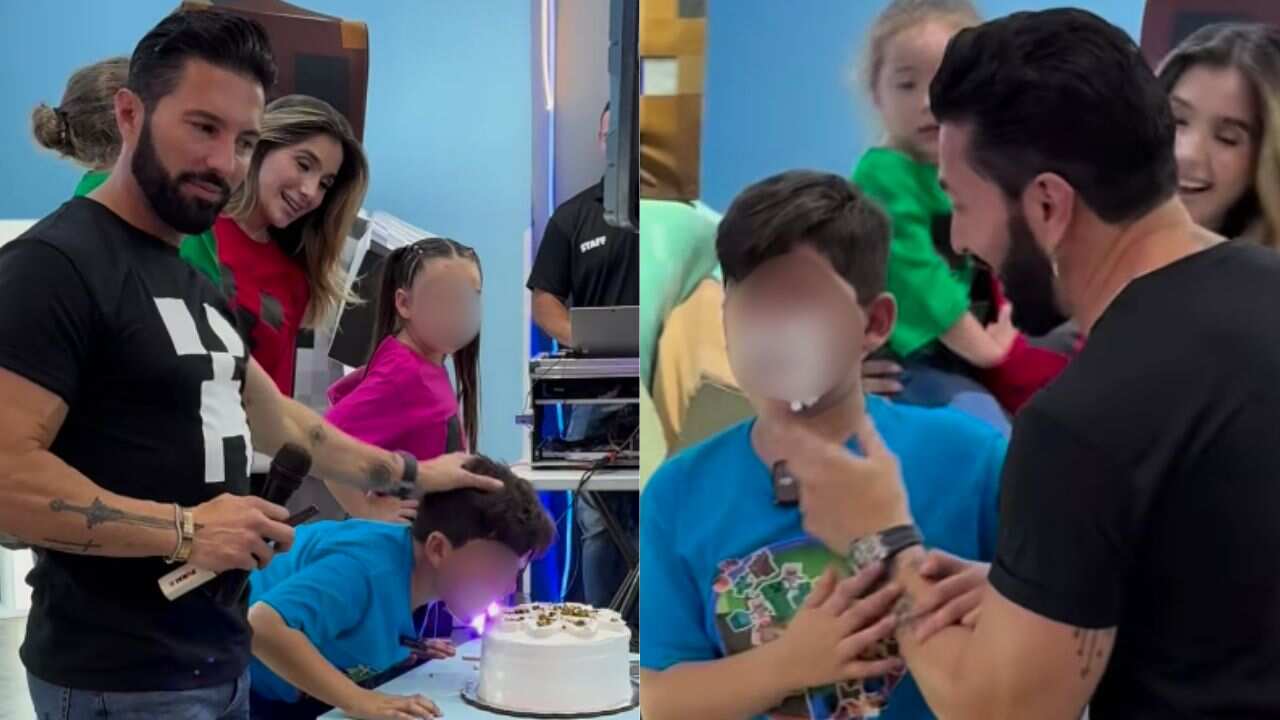 Poncho de Nigris empuja a su hijo a su pastel de cumpleaños