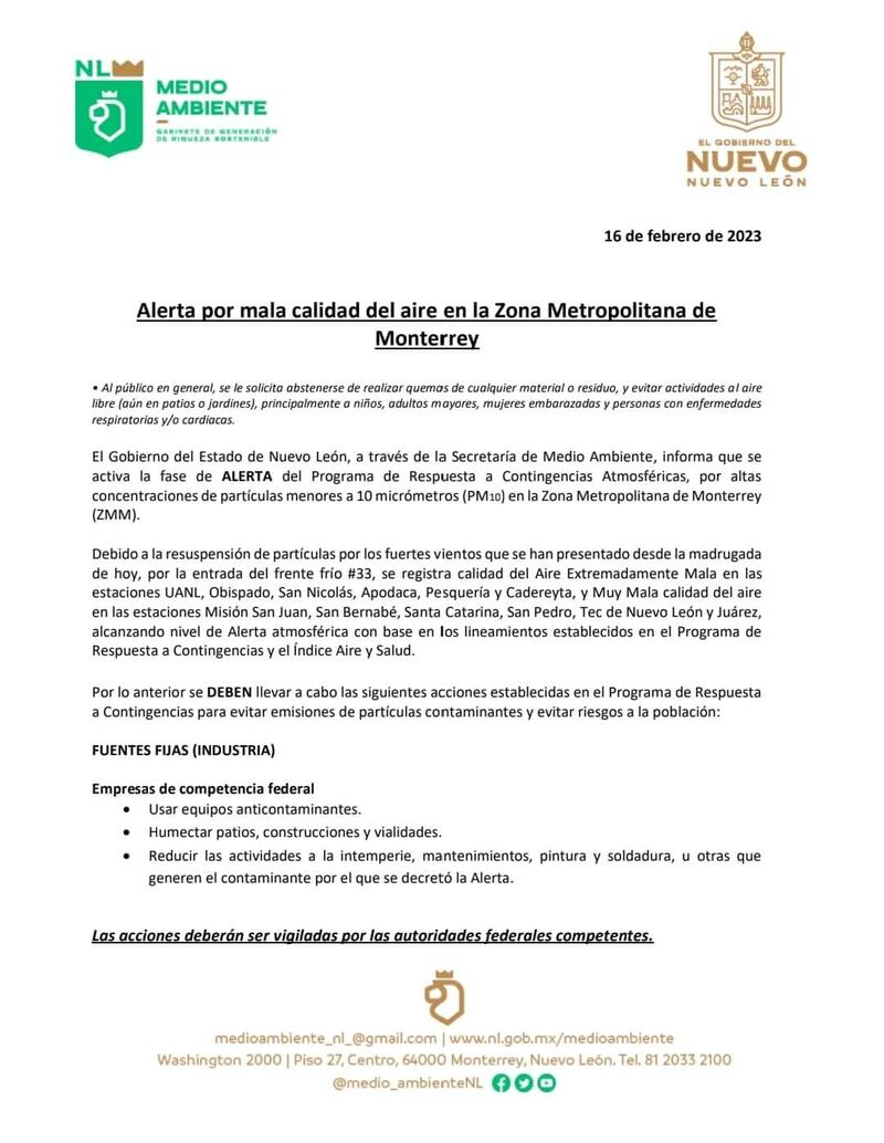 La Secretaría de Medio Ambiente pide a la población limitar sus actividades al aire libre.