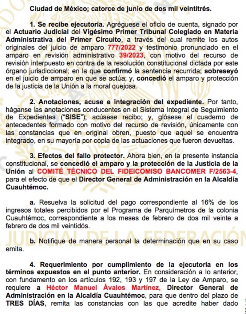 Fallo del Juzgado Decimoquinto de Distrito en Materia Administrativa en la Ciudad de México.