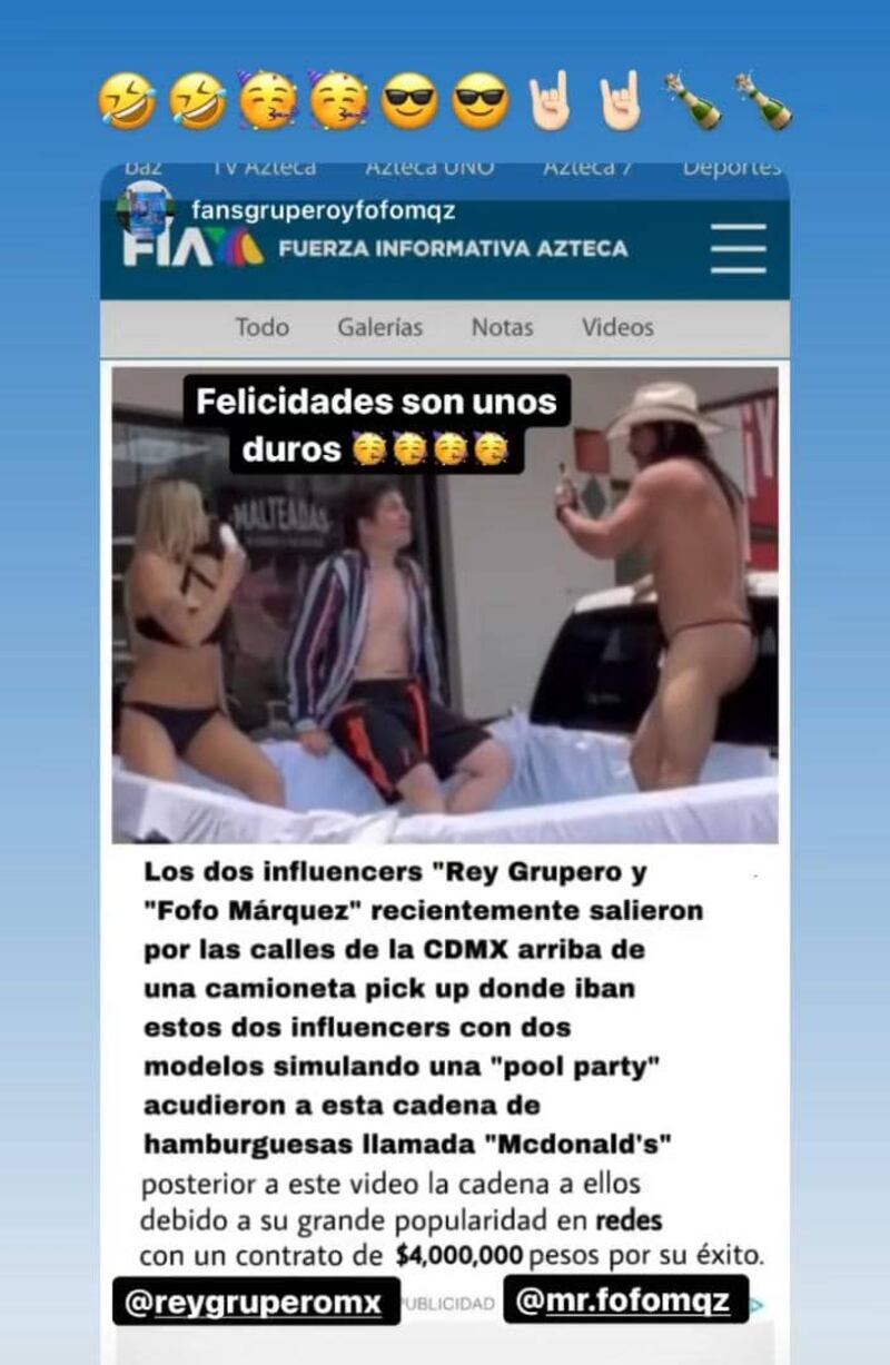 Con diminuta tanga el Rey Grupero abraza al Fofo Márquez para recrear escena del Titanic subidos en una pick up