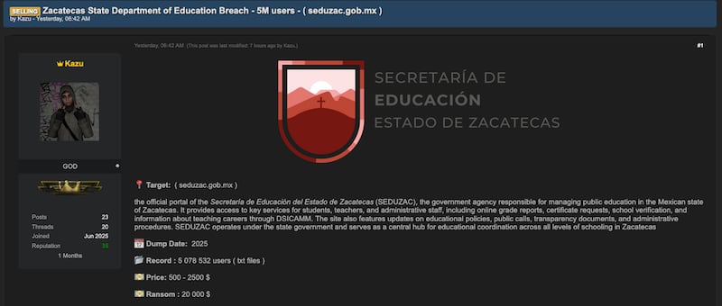 El hacker exige 20 mil dólares a la SEDUZAC para no liberar el resto de la información robada.