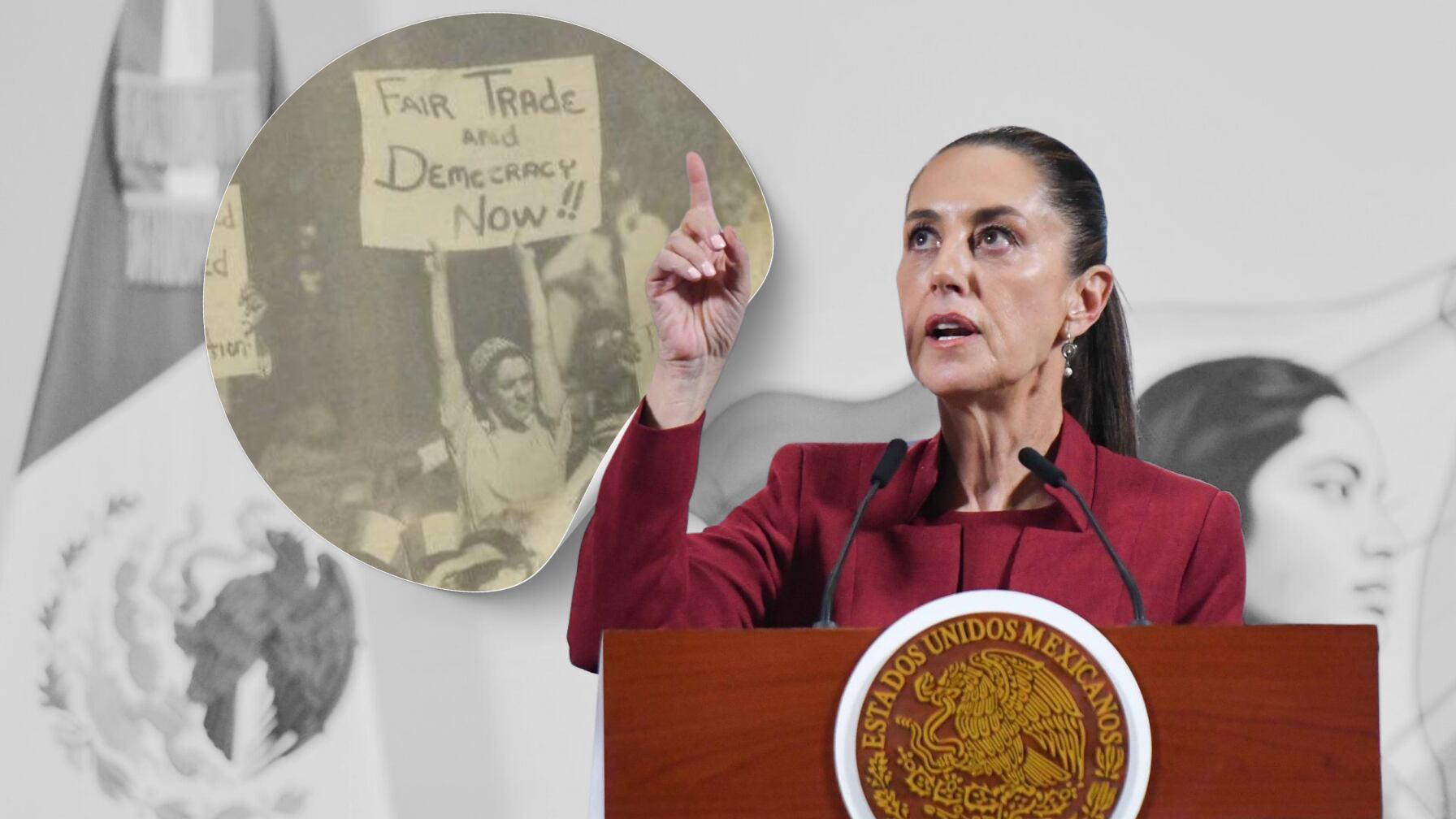 Sheinbaum mostró una foto de protesta estudiantil publicada en Stanford contra Salinas, con cartel de "tratado justo".