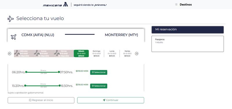 Vuelo a Monterrey desde el AIFA en Mexicana de Aviación