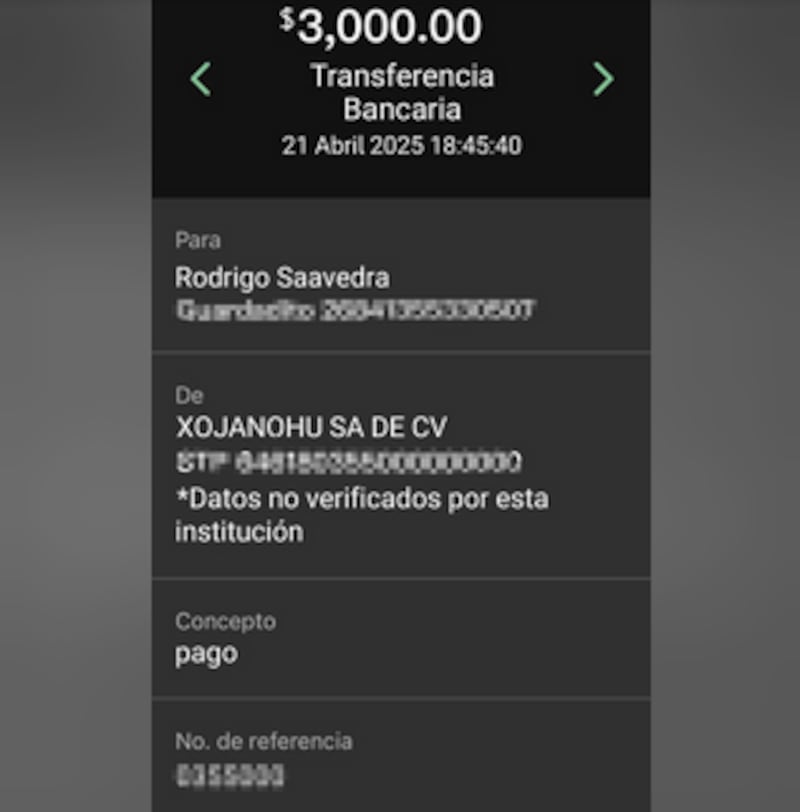 En los depósitos que hace el grupo fraudulento se puede ver que siguen utilizando a la empresa XOJANOHU, relacionada con otros fraudes documentados desde 2022.