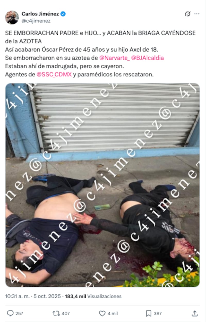 ¿1000 maneras de morir… en CDMX? Padre e hijo caen de azotea tras noche de copas en la Narvarte