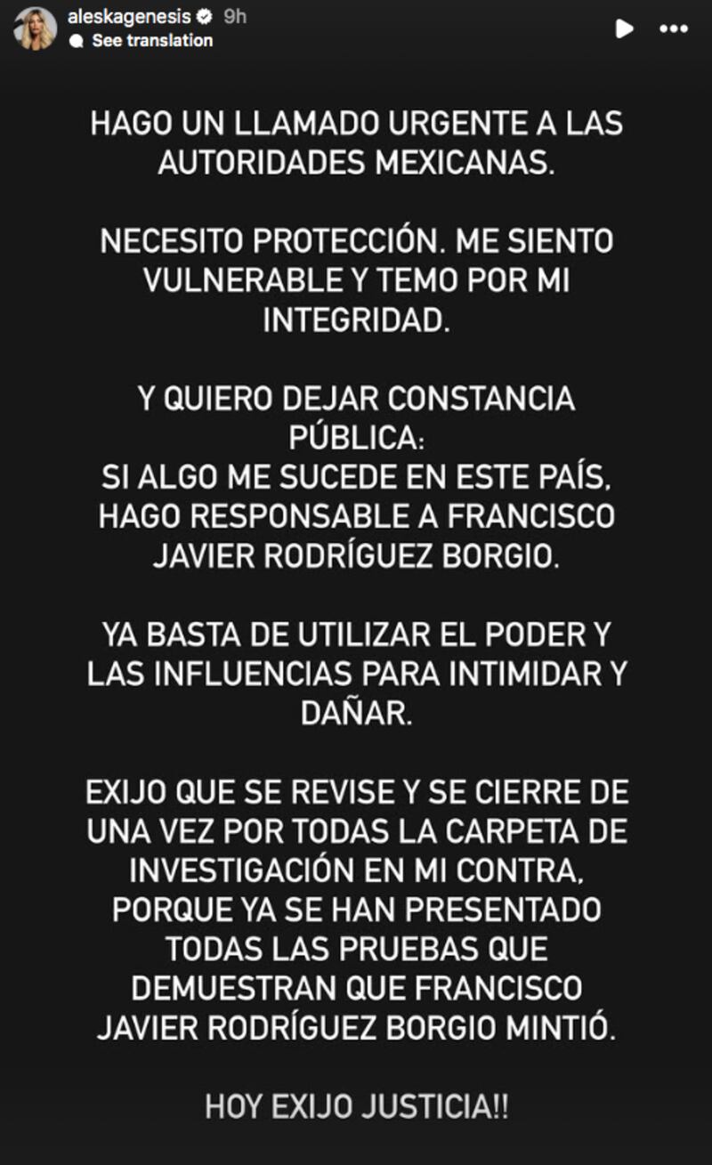 Comunicado de Aleska Génesis en Instagram