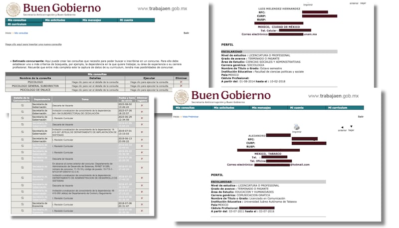 Se expone información crítica: currícula, evaluaciones psicométricas, cédulas, referencias y el historial completo de concursos públicos.