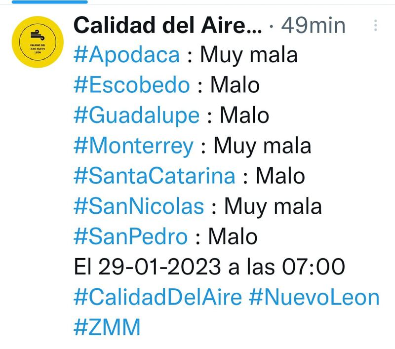 Calidad del Aire también reportó muy altos niveles de contaminación.