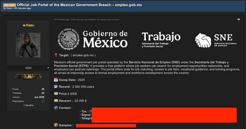 Kazu exige 20 mil dólares como rescate para no publicar la base con datos de mexicanos que buscan trabajo.
