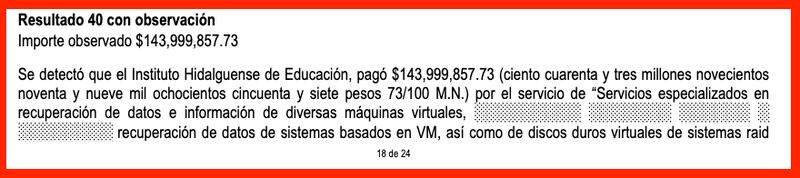 Auditoría en la que se señala la contratación de un servicio de recuperación de datos tras un supuesto hackeo en la SEPH.