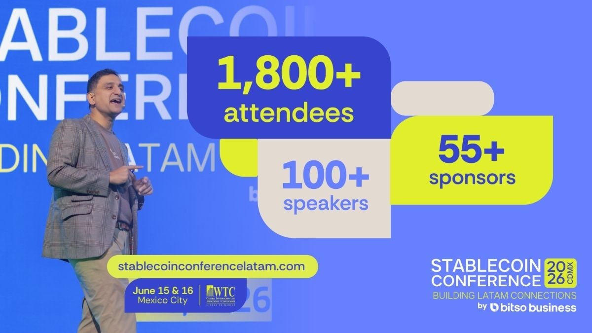 Escenario de la Stablecoin Conference 2026 organizada por Bitso Business, evento que reunirá a más de 2,500 asistentes y líderes financieros internacionales en la Ciudad de México.