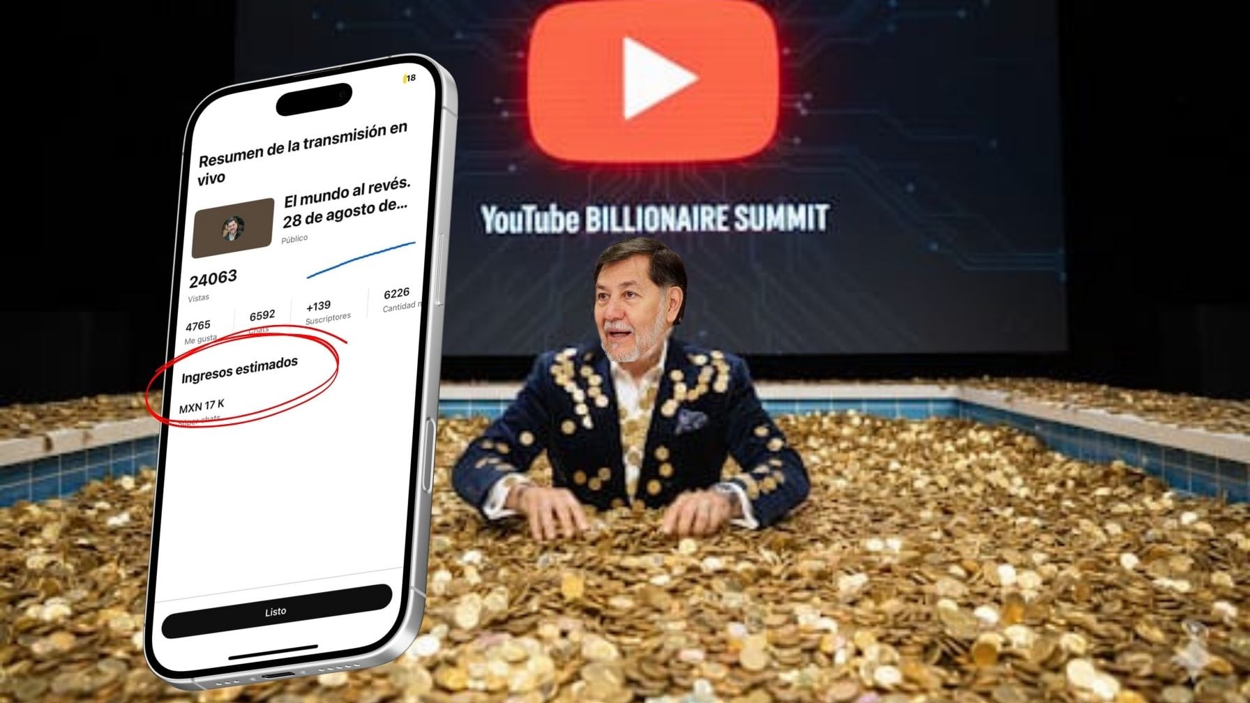 Fernández Noroña recibió 17 mil pesos en un solo live, la cifra más alta registrada por su canal de YouTube en agosto.