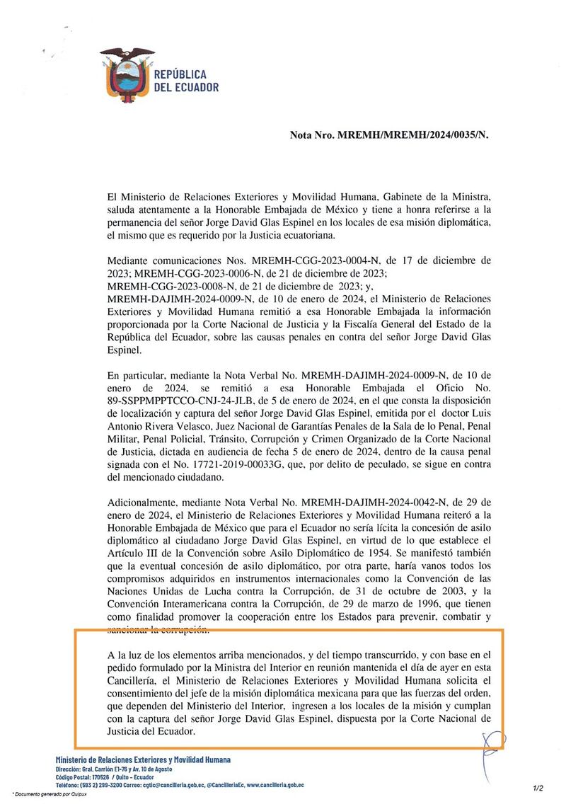 Ecuador busca permiso de México para ingresar a embajada en Quito y detener al expresidente Jorge Glas
