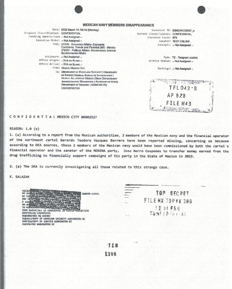 Cable presuntamente firmado por el embajador Ken Salazar.