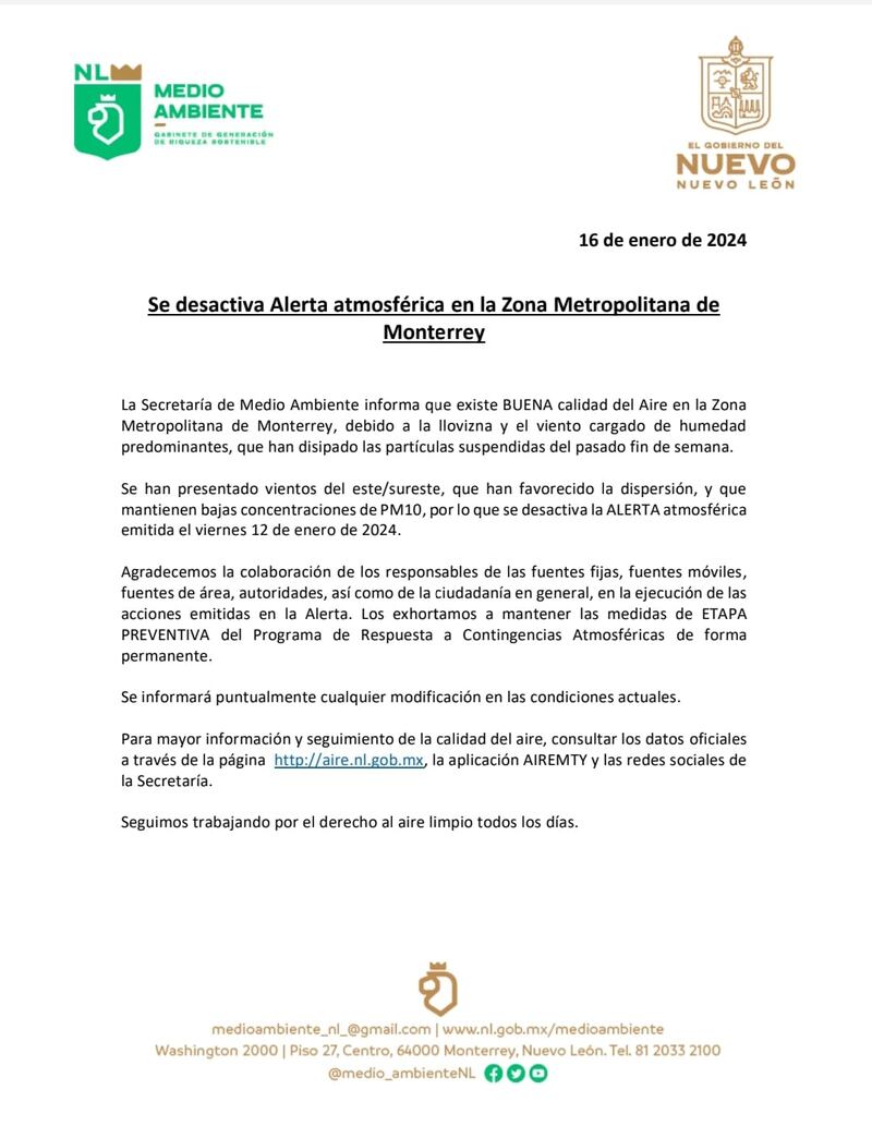 Medio Ambiente exhorta a seguir pendientes de cualquier información relacionada.