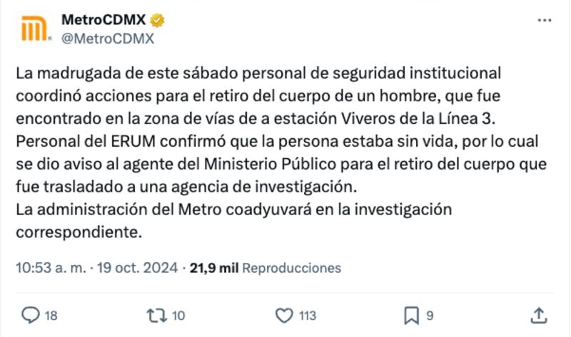Hallan cadáver en línea 3 del Metro CDMX.