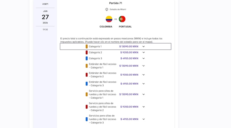 Precio de entradas para el Colombia vs. Portugal.