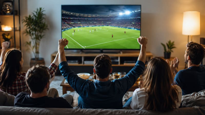 Personas viendo partidos de fútbol desde celulares y televisión durante una transmisión deportiva.