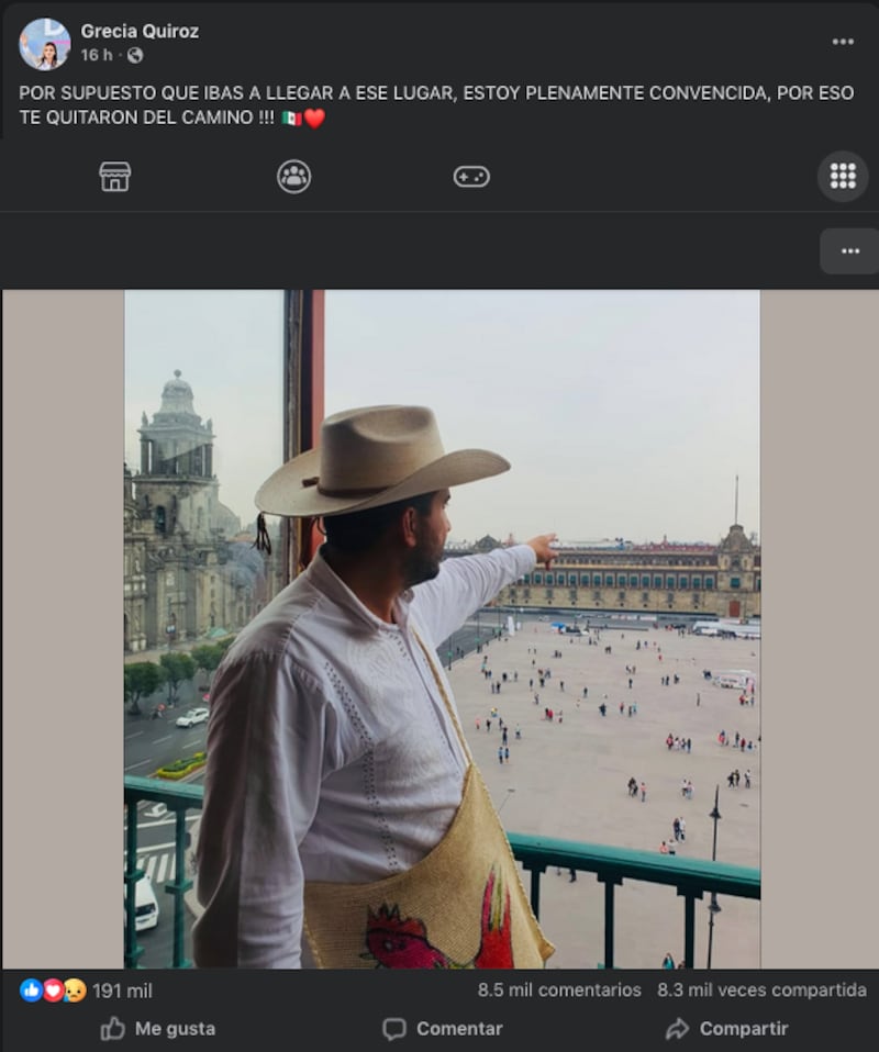 Publicación de Grecia Quiroz en Facebook