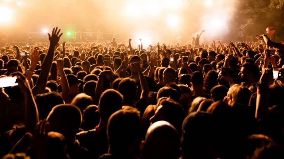 Vista trasera de un gran grupo de fanáticos de la música frente al escenario durante un concierto de música por la noche Copiar espacio