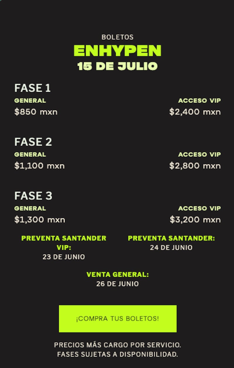 Precios del concierto de ENHYPEN y SANTOS BRAVOS