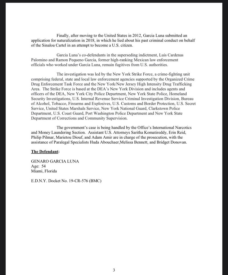 Documento compartido por la Fiscalía del Distrito Este de Nueva York, en el que celebra el veredicto del jurado de Brooklyn en caso de García Luna