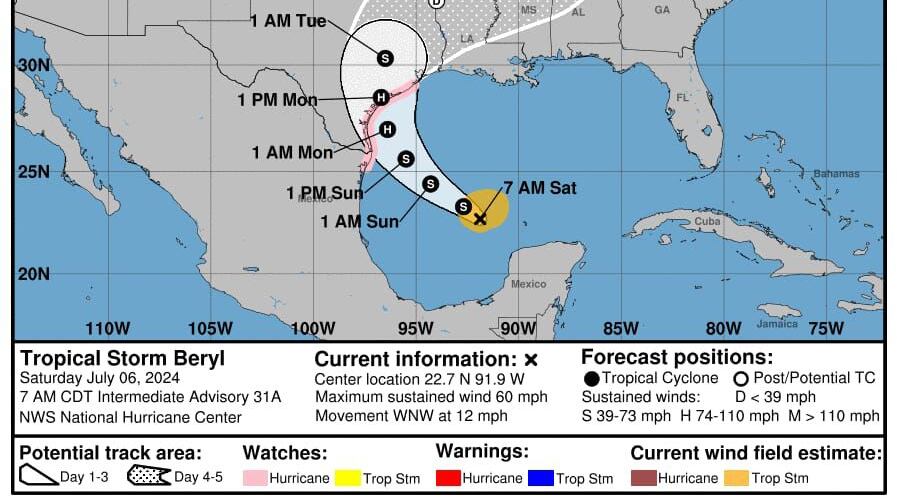 En esta imagen se aprecia el cambio de ruta de "Beryl", aunque lloverá al norte de NL.
