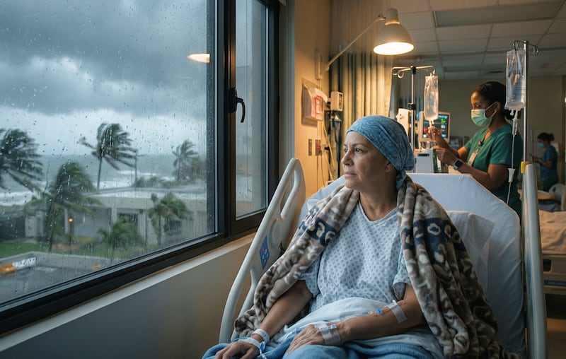 Paciente oncológica mira hacia afuera.