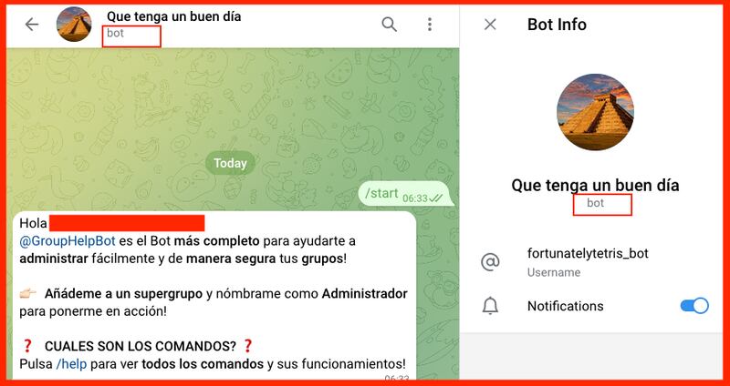 El grupo de Telegram es administrado por un bot automatizado.