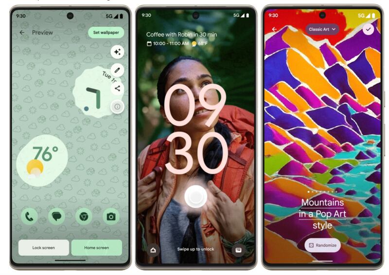 1. Animación del teléfono que muestra cómo funciona el fondo de pantalla emoji.2. Animación con fondo de pantalla cinemático, mostrando a una mujer haciendo senderismo con un efecto 3D aplicado.3. Animación que muestra diferentes estilos de arte generados con Inteligencia Artificial como “una ciudad junto a la bahía en un estilo post-impresionista”.