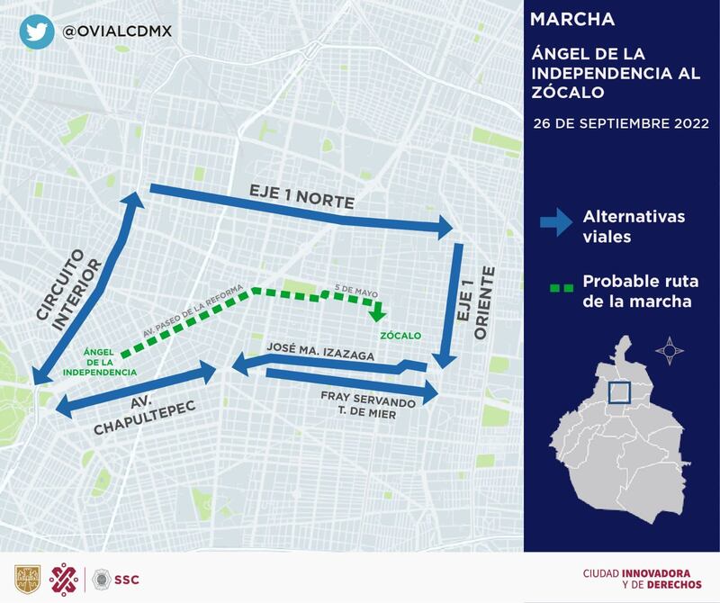 Alternativas viales a marcha por los 43 normalistas de Ayotzinapa. Foto: SSC