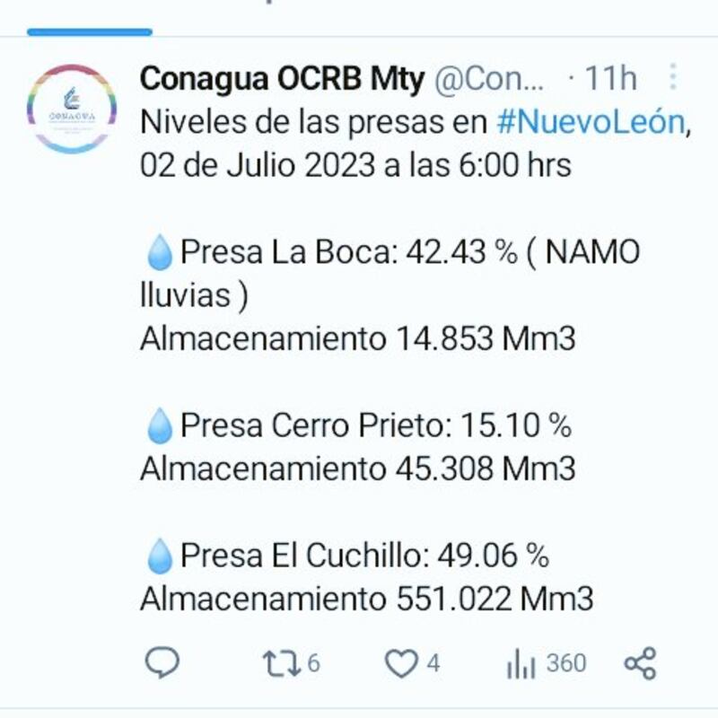 El reporte de Conagua indica los más recientes niveles.