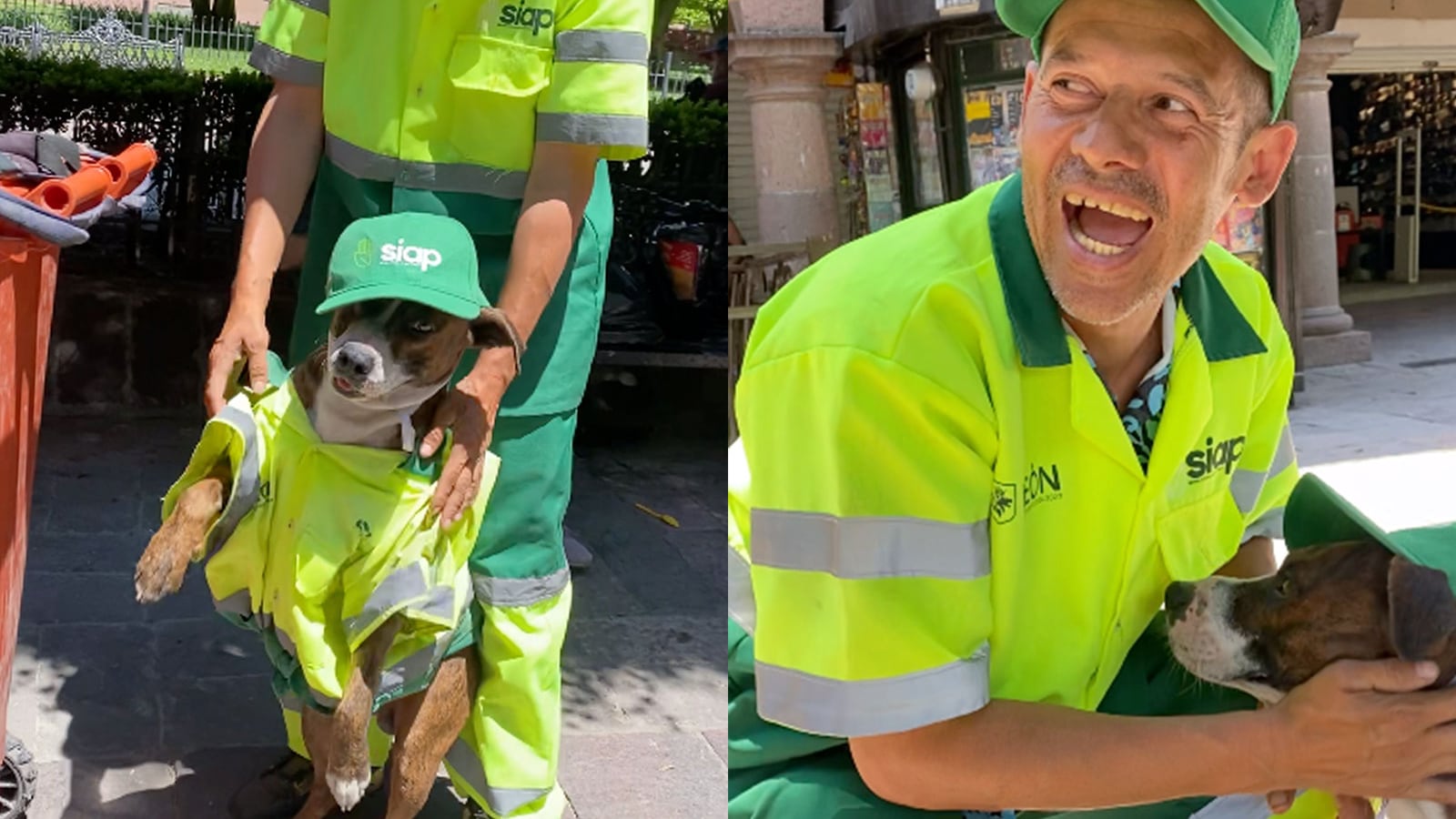 Alejandro, trabajador del sistema de aseo público de León convive con su perro Rocky, quien lo acompaña durante la jornada en el Centro de la ciudad.